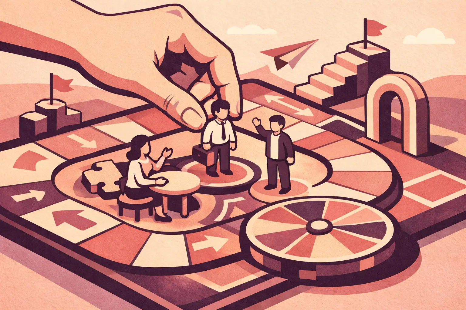 Illustrative new-hire team discussing an escape-room onboarding scenario