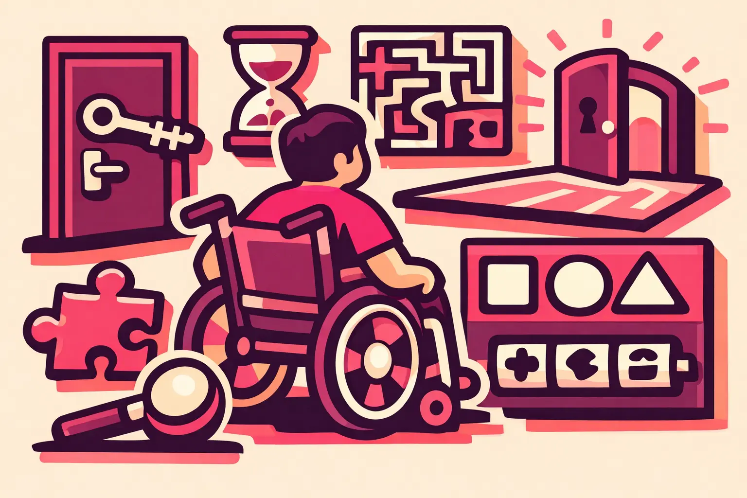 Wheelchair user and teammates comparing accessible escape-room features before booking