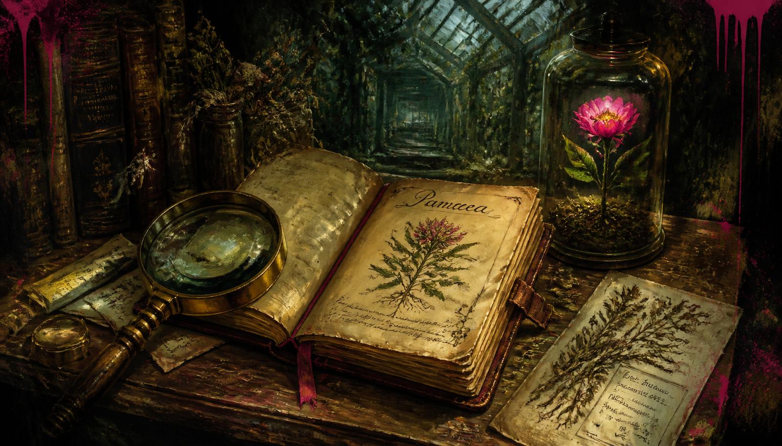 Gertrude's abandoned desk with the Panacea journal and a glowing pink bloom